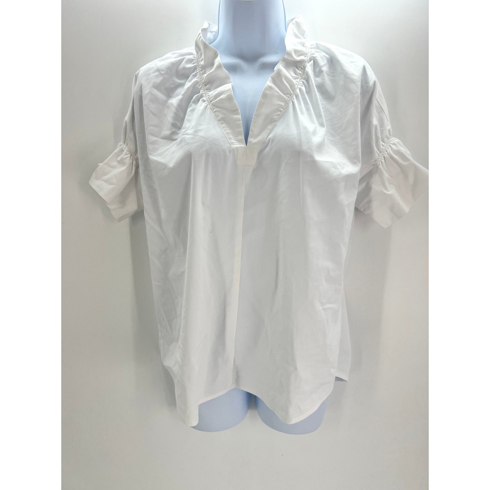Finley Womens XXS White Poplin Ruffle Neck Short Sleeve V-Neck Blouse Top